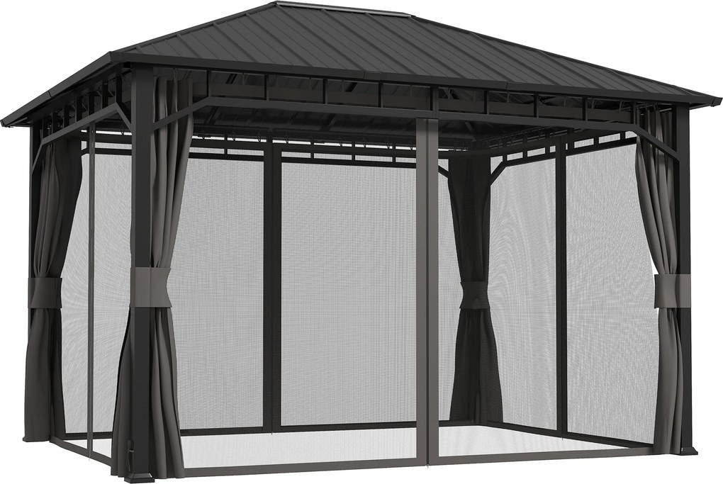 Outsunny 4x3 m-es vízálló téli kerti pavilon oldalfalakkal, vízelvezető csatornával, szúnyoghálóval, kampókkal - Galvanizált acél kerti sátor, Sötétsz