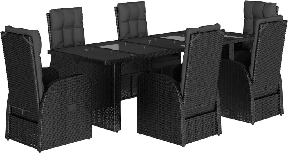 vidaXL 7 részes fekete polyrattan kerti étkezőgarnitúra párnával