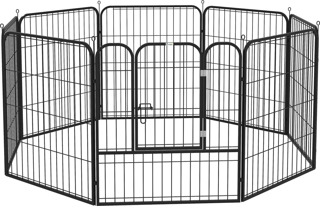 PawHut Kiskutya Játszókerítés Játékudvar Kisállatkerítés Kiskutya Futó, személyre szabható forma ajtóval Fém 80 x 80 cm Fekete | Aosom