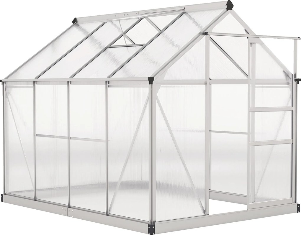 Outsunny alumínium üvegház, 4,79 m² (190 x 252 x 201 cm) – horganyzott alap, tetőszellőző, tolóajtó, 4 mm UV-álló polikarbonát – Kert | Aosom
