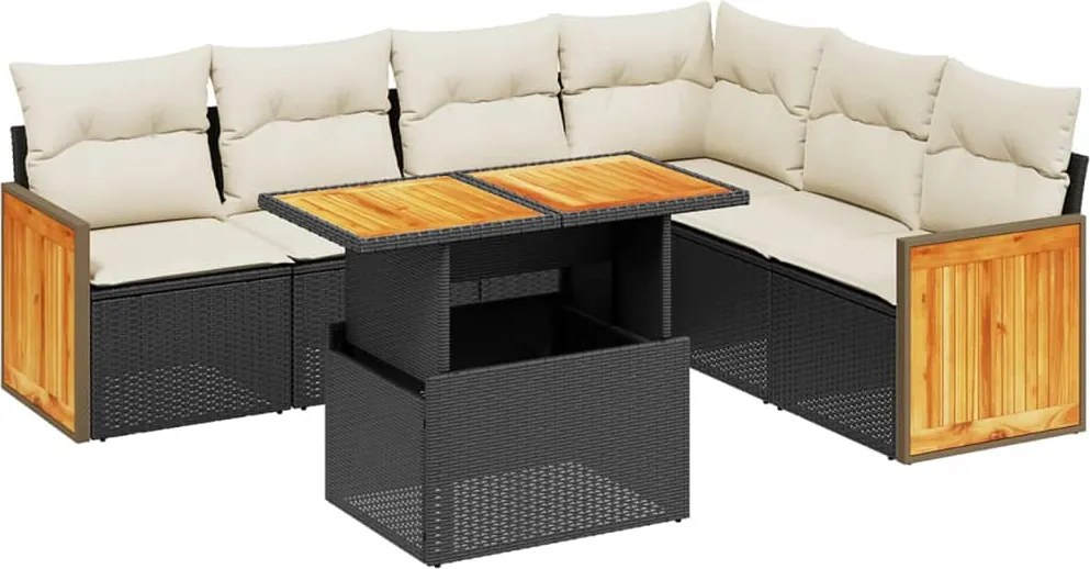 vidaXL 7 részes fekete polyrattan kerti ülőgarnitúra párnával