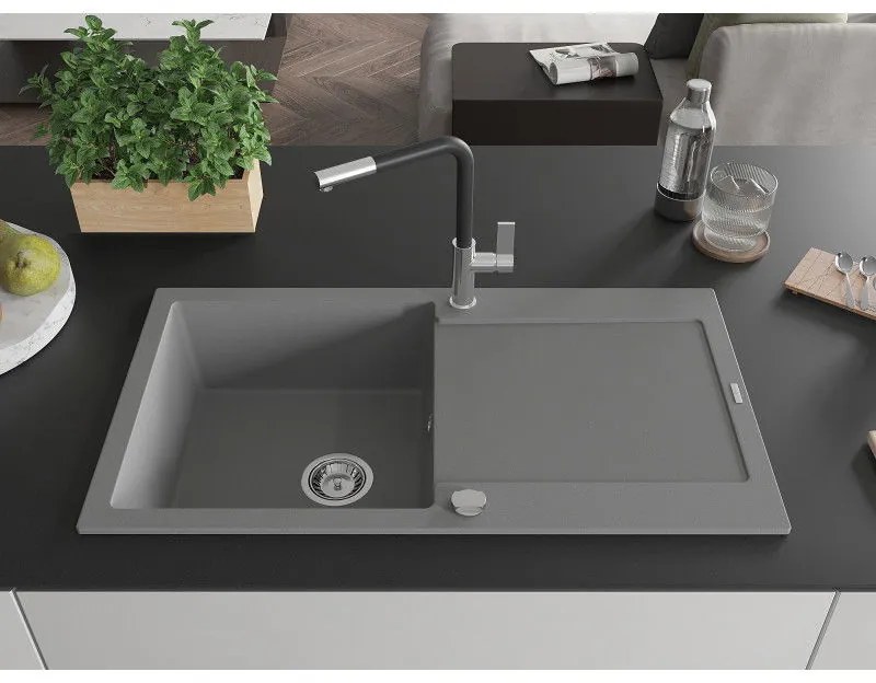Mexen Leo, 1 kamrás gránit mosogató 900x500x190 mm és Flora mosogató csaptelep, szürke, 6501-71-670401-07