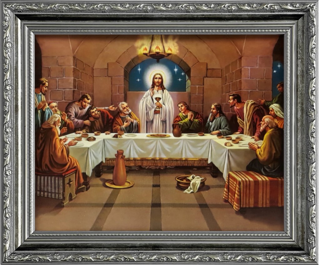 Vászonkép 26x31 Utolsó Vacsora Jézus Krisztus Ezüst Díszített Keret