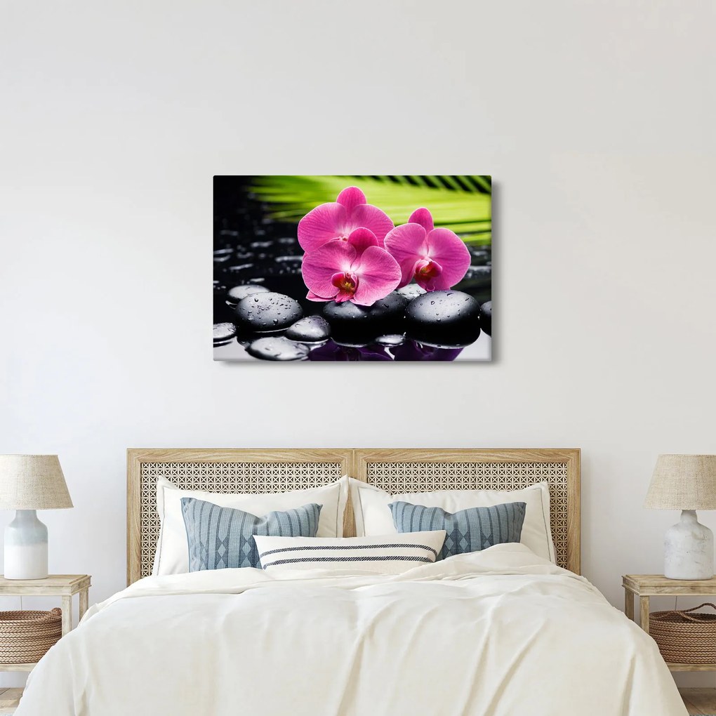 Kép - Rózsaszín orchidea pálmalevéllel (90x60 cm)