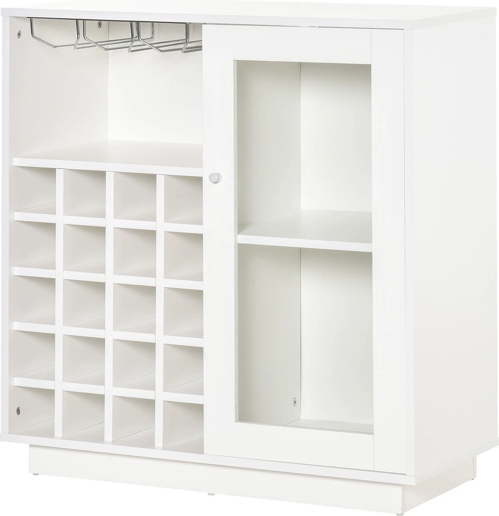 HOMCOM Borospalack Tartó Üveg Tartóval és Szekrénnyel, 20 Borospalackhoz, Üvegajtós Boroszekrény, 80x36x85 cm, Fehér | Aosom