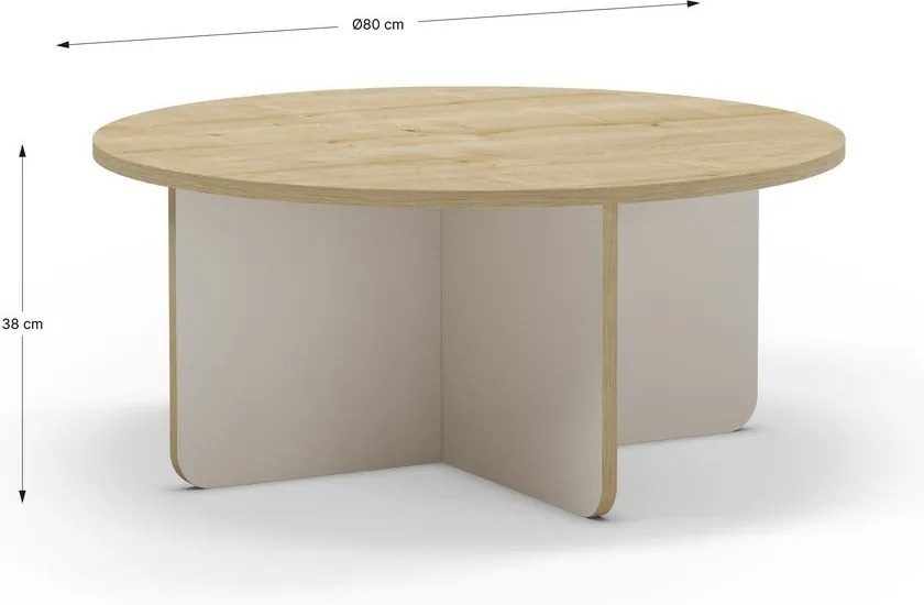 Krémszínű-natúr színű kerek dohányzóasztal tölgyfa dekoros asztallappal ø 80 cm Hillary – Marckeric