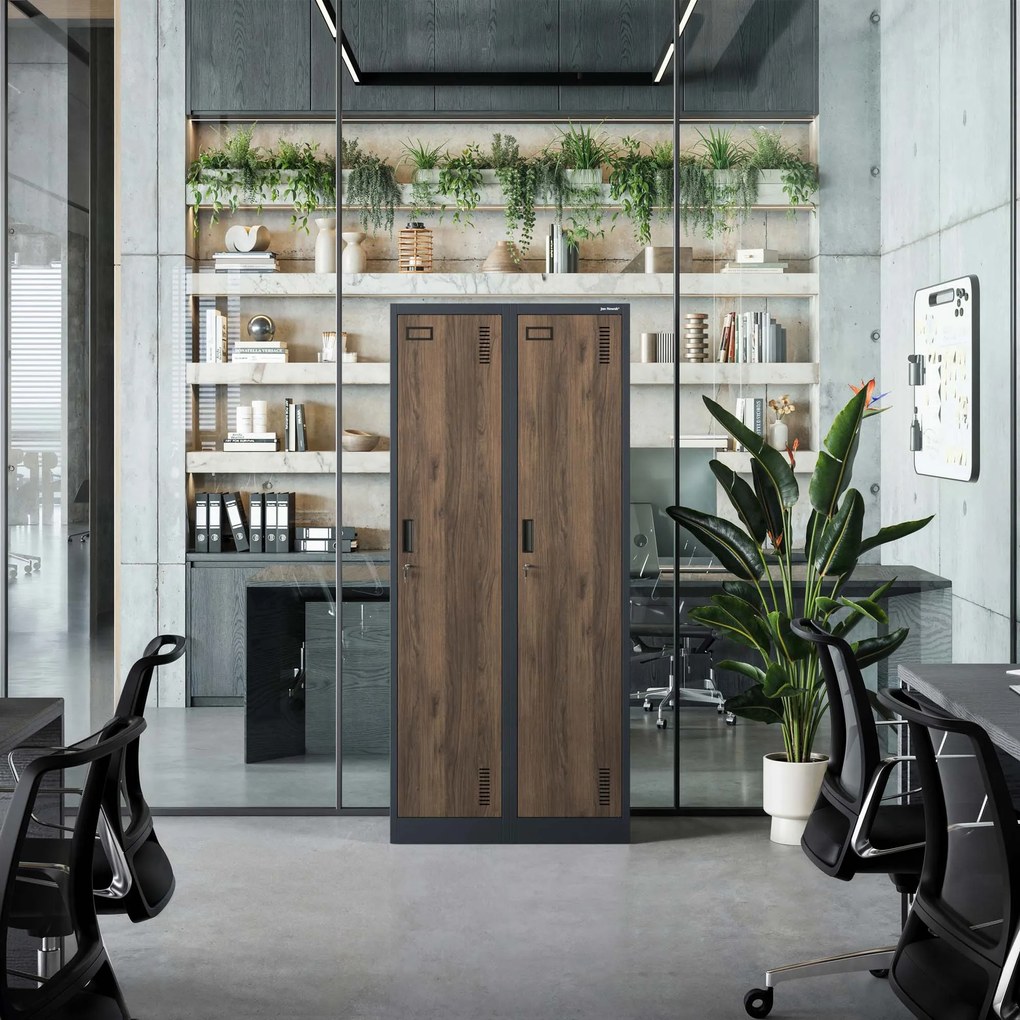 Pléh öltözőszekrény talpazaton, kétmodulos, polccal és köztes fallal KACPER, 800 x 1800 x 500 mm, Eco Design: antracit/ dió