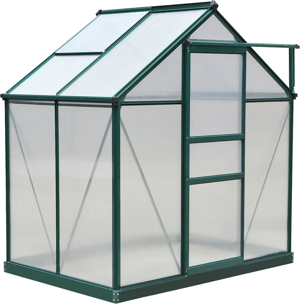 Outsunny Műanyag Kertiház 2,51 m² Alumínium Kertiház 190 x 132 x 201 cm UV-álló, Megerősített Alapzattal, Esőcsatornával, Tetőablakkal, és Tolóajtóval