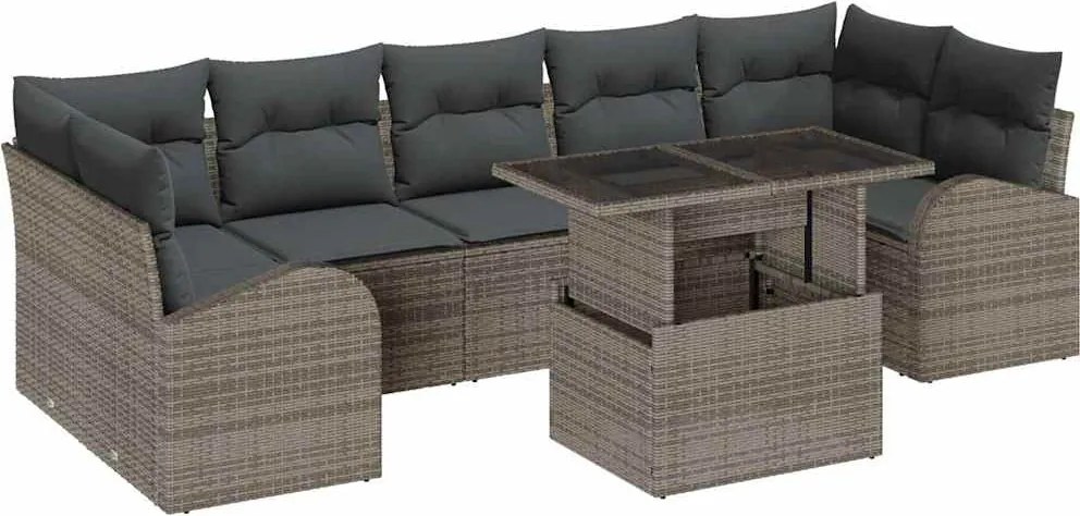 vidaXL Kerti Kanapé Szett párnával tárolóval 8 pcs Szürke Poly Rattan
