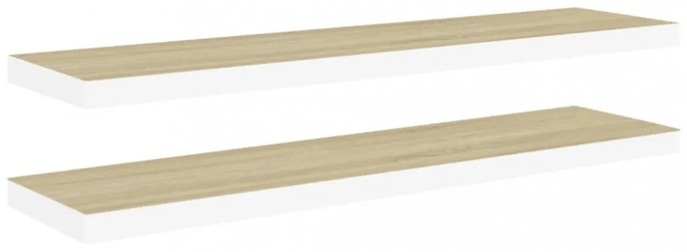 2 db fehér-tölgyszínű MDF lebegő fali polc 90 x 23,5 x 3,8 cm