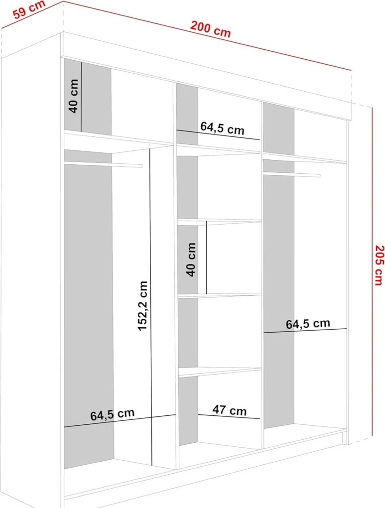 Malani 200 Tolóajtós Szekrény 200cm, Arany Tölgy-Grafit