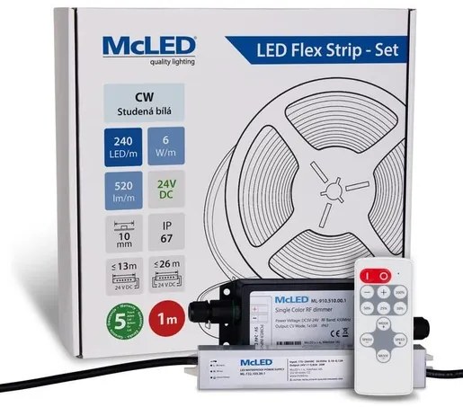 McLED  LED szalag - készlet 1 m + Vevő Nano IP67, 240 LED/m, CW, 6 W/m, DC 24V, 520 lm/m, CRI90, IP67, 10 mm, Vezető 3 m ML-126.032.90.S01002