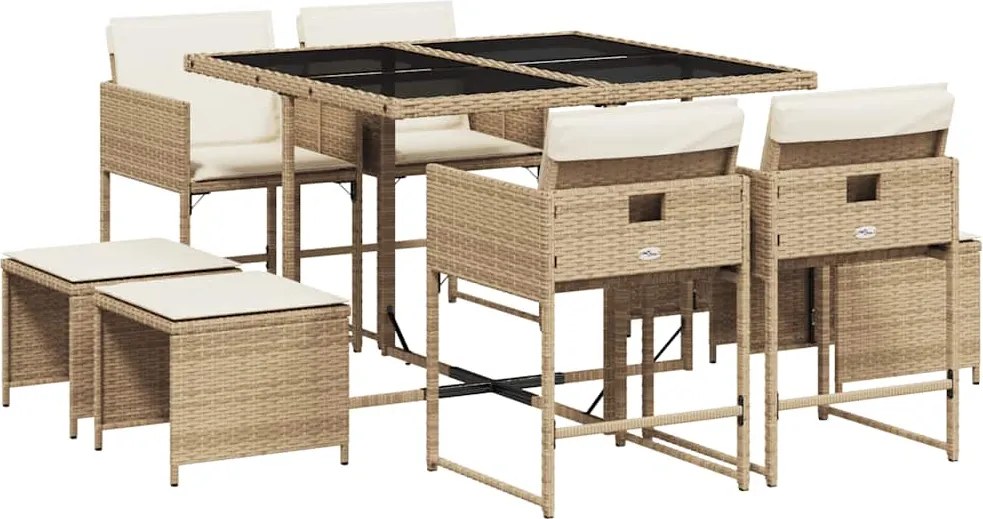 vidaXL 9 részes bézs polyrattan kerti étkezőgarnitúra párnákkal