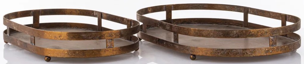 Ovális fogantyús koptatott bronz színű 2db-os fém tálca szett 6x40x26/6x35x22cm