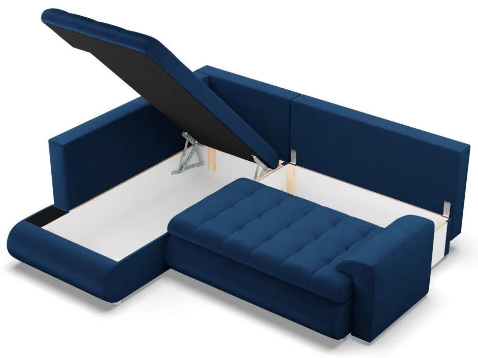 Tokio sarokkanapé, L alakú háttámlával, 2 ágyneműtartóval, bársony, baloldali, kék