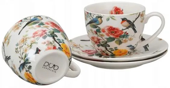 Madaras virágos porcelán csésze aljjal 270 ml 2 személyes készlet díszdobozban