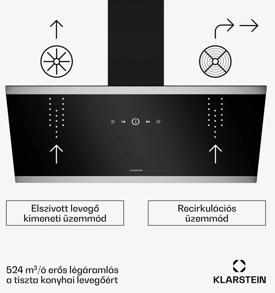Klarstein FlashLine páraelszívó, A++, 524 m³/h, 3 szint, érintős, csendes, LED, elszívás/recirkuláció, 100 W