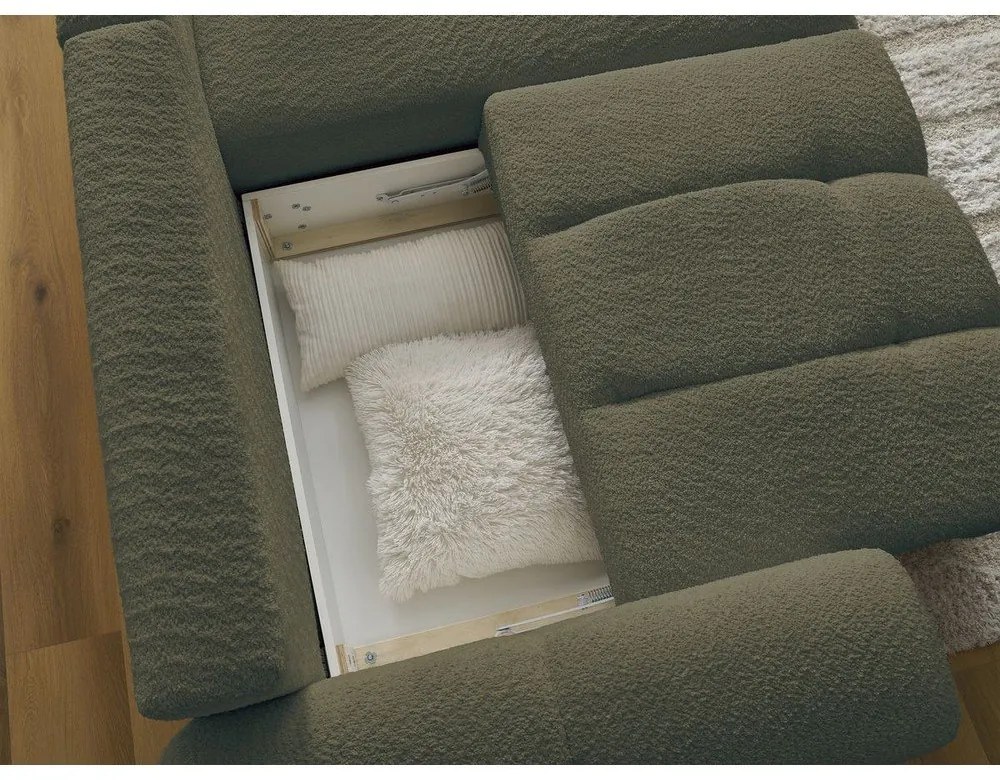 Khaki buklé kinyitható-tárolóhelyes sarokkanapé (jobb oldali-heverő résszel) Roxelane – Bobochic Paris