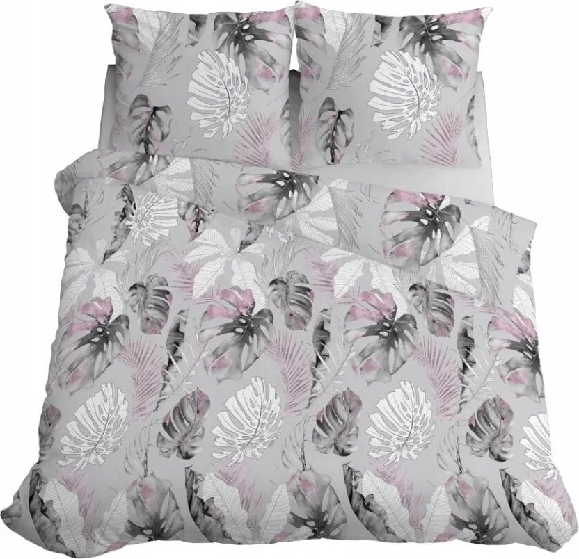 Ágyneműhuzat 160x200 Szatén Mikroszálas Virágok Levelek Szürke Rózsaszín