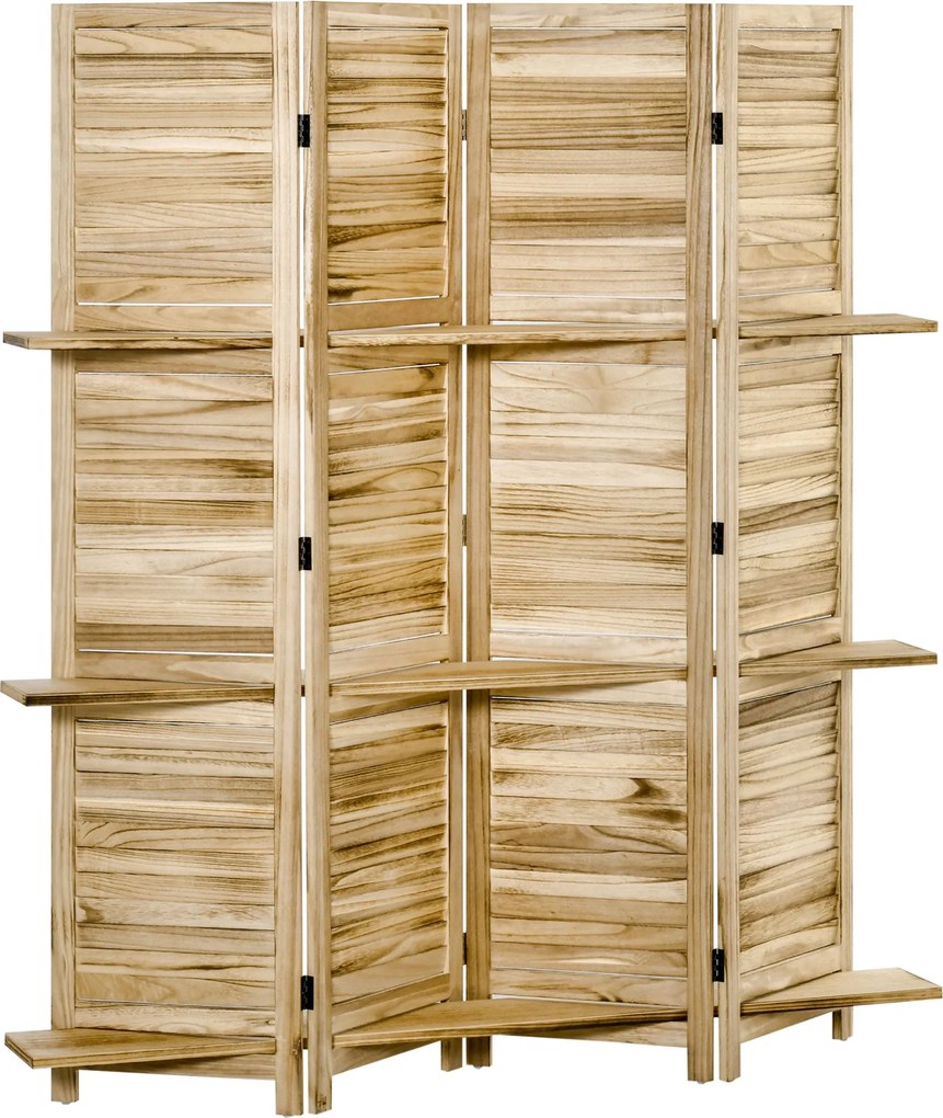 HOMCOM Beltéri Szobaelválasztó 4 Panel 162L x 170H cm 3 Polc Földre Helyezhető Szobaelválasztó Rácsos Ajtók Természetes Paulownia Fából | Aosom