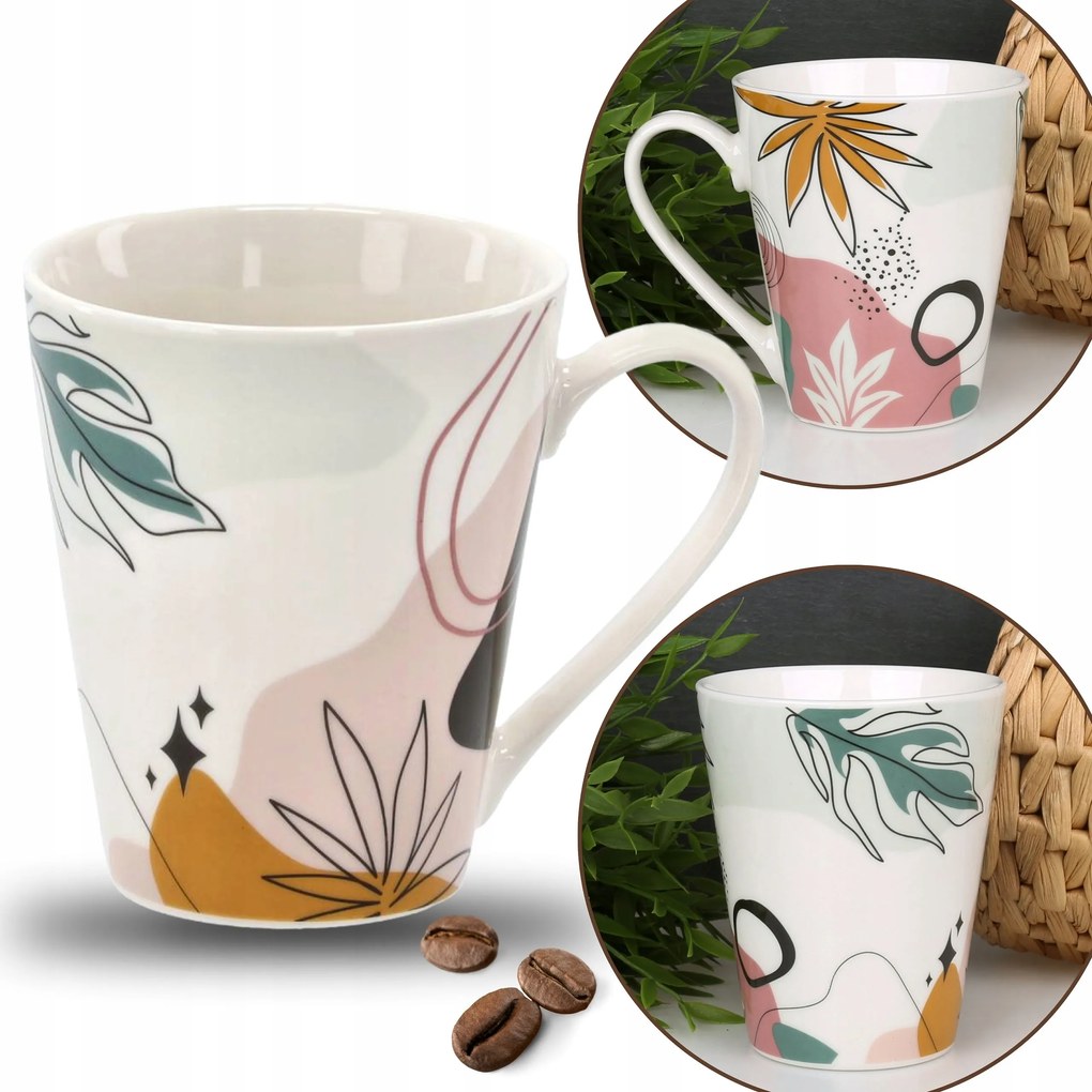 Fehér bögre színes levelekkel, porcelán bögre 380ml