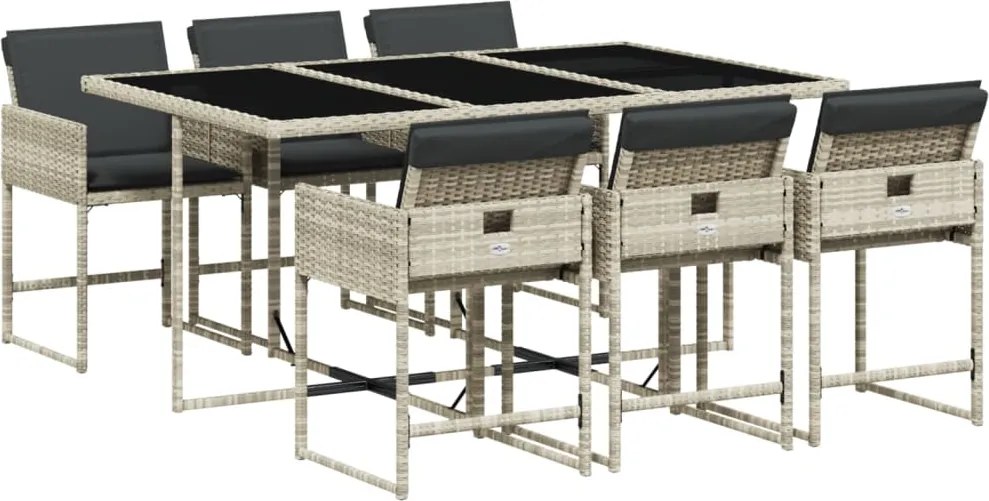 vidaXL 7 részes világosszürke polyrattan kerti étkezőszett párnával