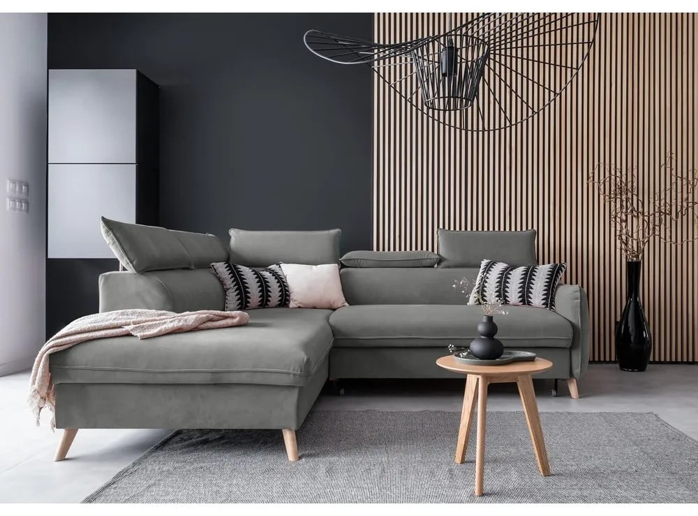 Világosszürke bársony kinyitható sarokkanapé (bal oldali) Sweet Harmony – Miuform