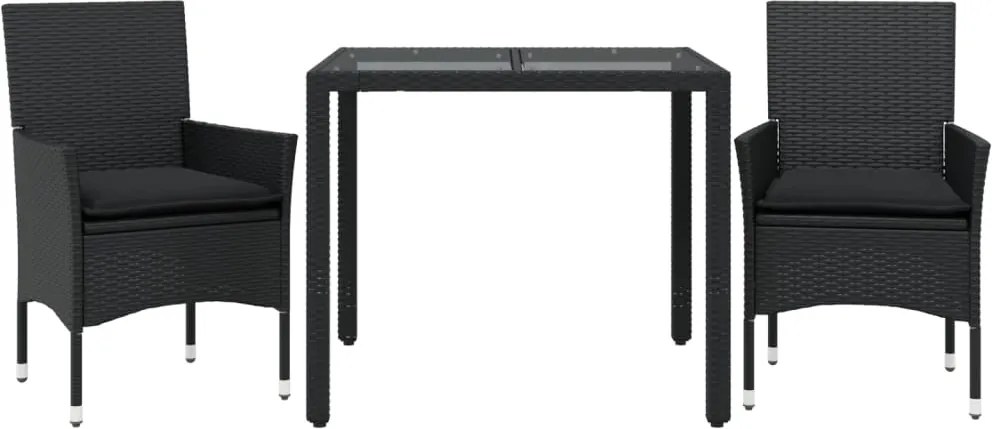 vidaXL 3 részes fekete polyrattan/üveg kerti étkezőgarnitúra párnákkal