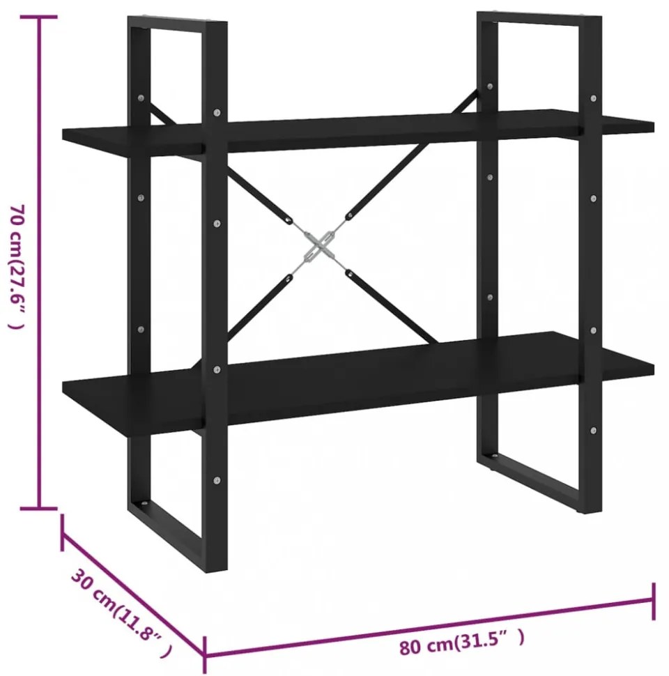 2-szintes fekete szerelt fa könyvszekrény 80 x 30 x 70 cm