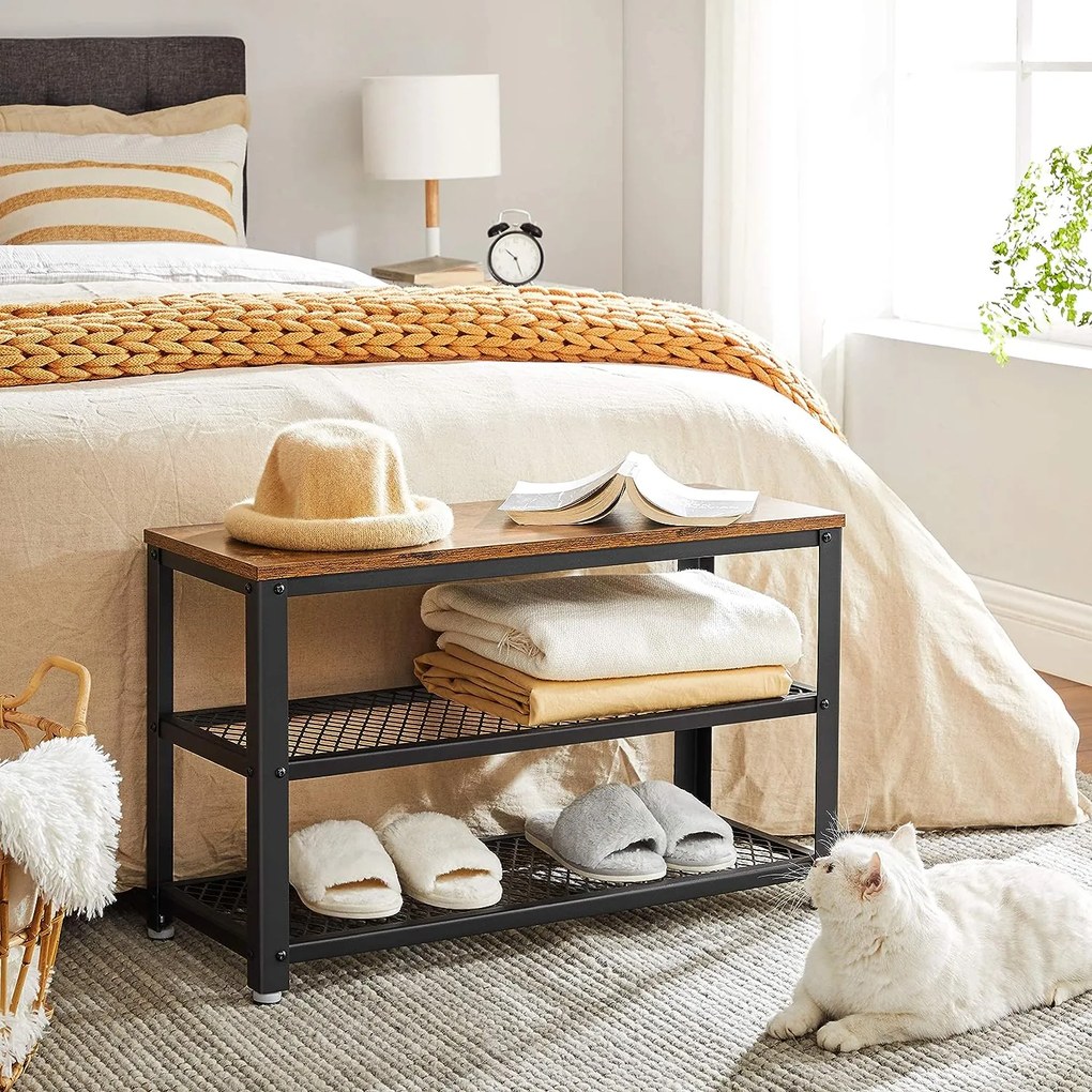 INDY előszobai pad cipőtartóval, 73x30x45cm, barna/fekete Vasagle