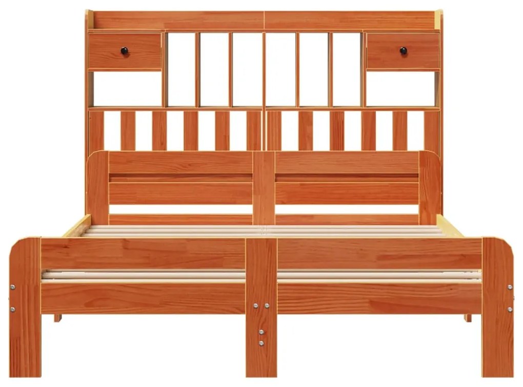 barna tömör fenyőfa könyvespolcos ágy matrac nélkül 150 x 200cm