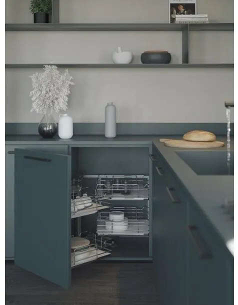 Konyhai fémrács, sarokszekrénybe, részleges kihúzás, csillapított záródás, króm-fehér, balos,  900mm, 450mm ajtó szélesség, SIGE Infinity Line 350