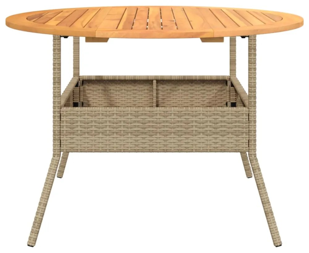 bézs polyrattan kerti asztal akácfa lappal Ø110 x 71 cm