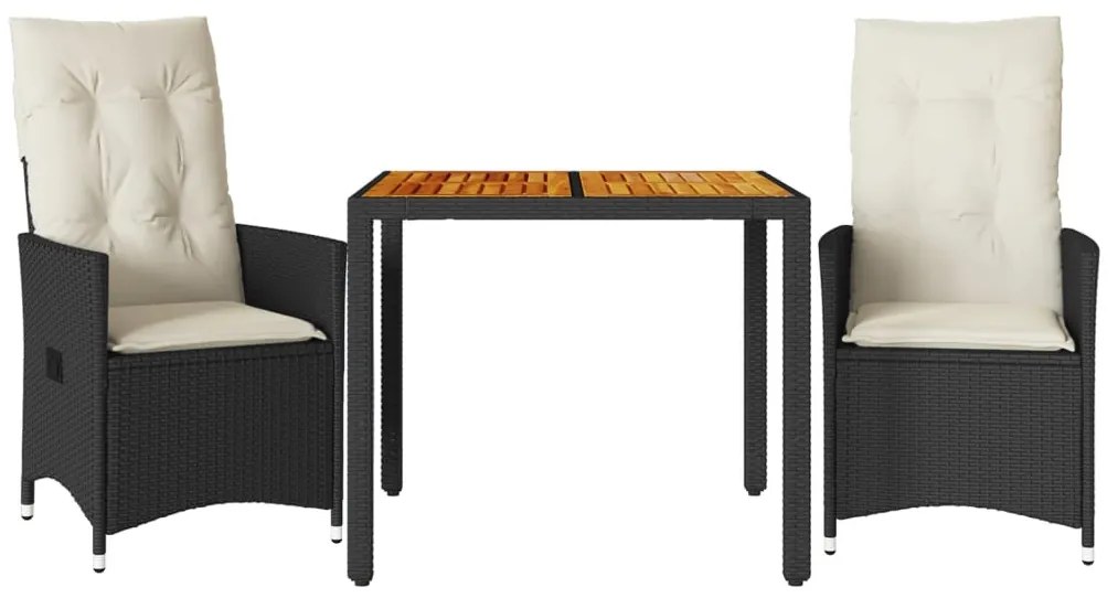 3 részes fekete polyrattan és akácfa bisztrószett párnákkal