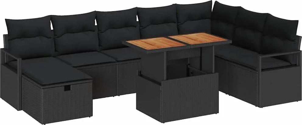 vidaXL Kerti Kanapé Szett 9 pcs Fekete polirattan