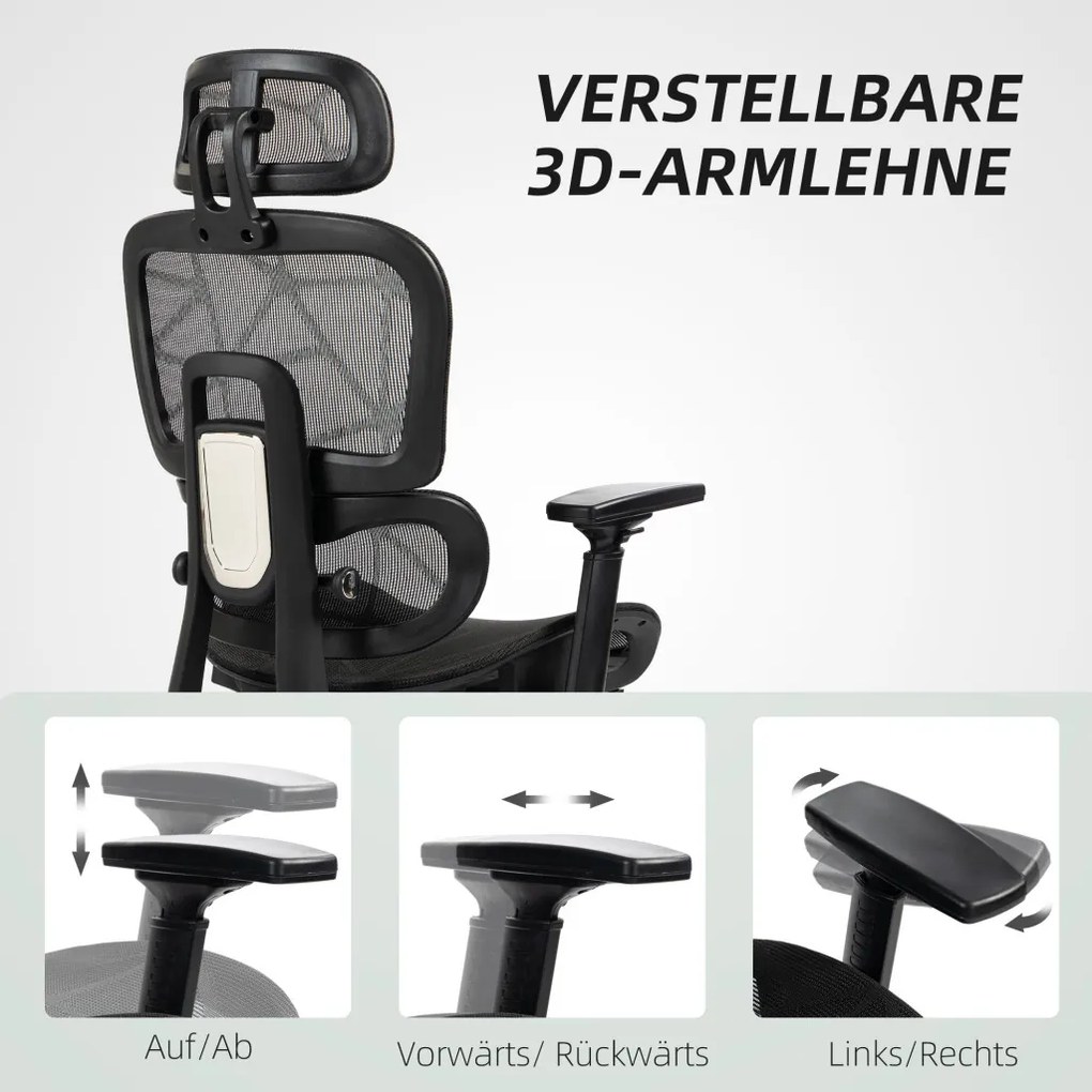 HOMCOM Ergonomikus irodai szék, hálós szövettel, állítható 3D, karfákkal és fejtámlával, fekete