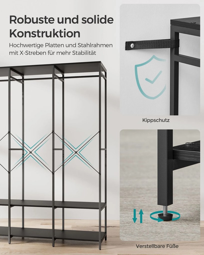 Ruhaakasztó, nyitott gardrób, polcokkal, 141x40x180cm, fekete