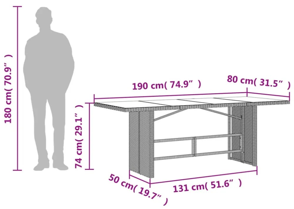 barna polyrattan üveglapos kerti asztal 190 x 80 x 74 cm