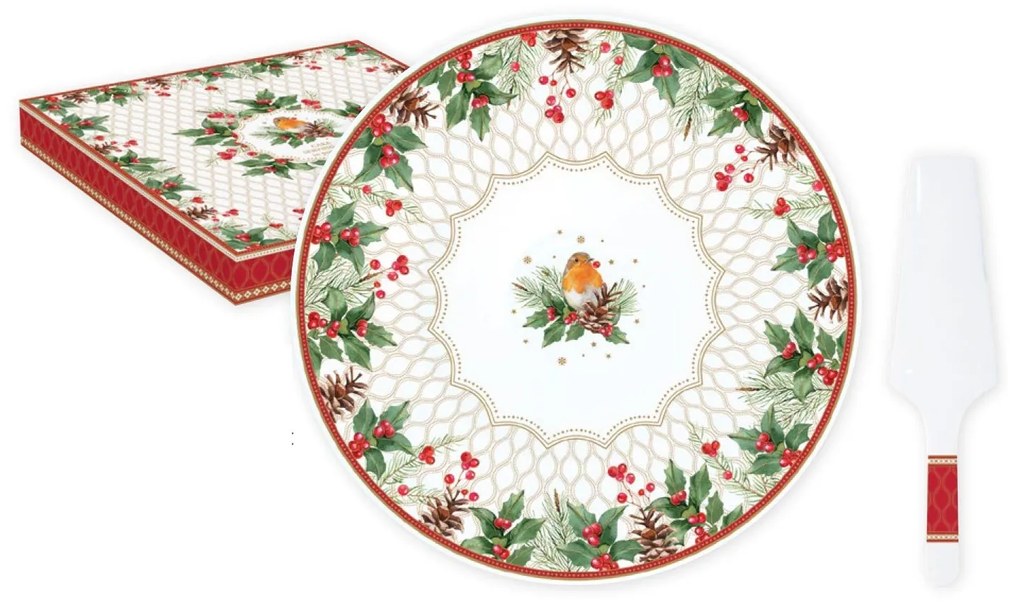 Karácsonyi porcelán tortatál lapáttal Christmas Berries