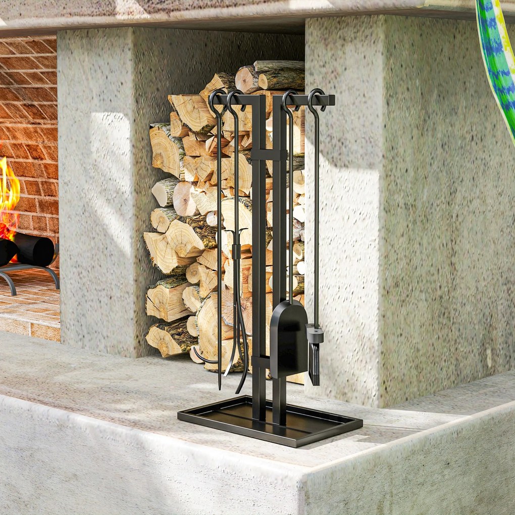 Outsunny 5 részes kandalló kiegészítő készlet, kandalló eszköz készlet, fém kandalló kiegészítők, seprűvel, lapáttal, fogóval, szenes botával és állvá