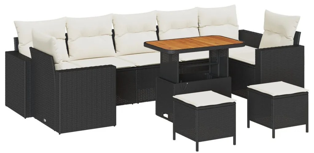 10 darabos kert kanapé szett párnákkal fekete poli rattan akác, 3 darabos kert étkező szett párnákkal fekete poli rattan akác