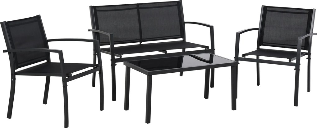 Outsunny 4 részes kültéri kert szett 2 székkel, 1 kétszemélyes kanapéval és fekete edzett üveg kávézóasztallal | Aosom