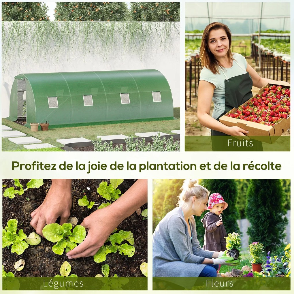 Outsunny Kert Tunnelláda Üvegház 18 m² 6L x 3W x 2H m - 8 Ablak, Cipzáras Felhúzható Ajtó - Horganyzott Acél Váz, Magas Sűrűségű PE Zöld Fedél | Aosom