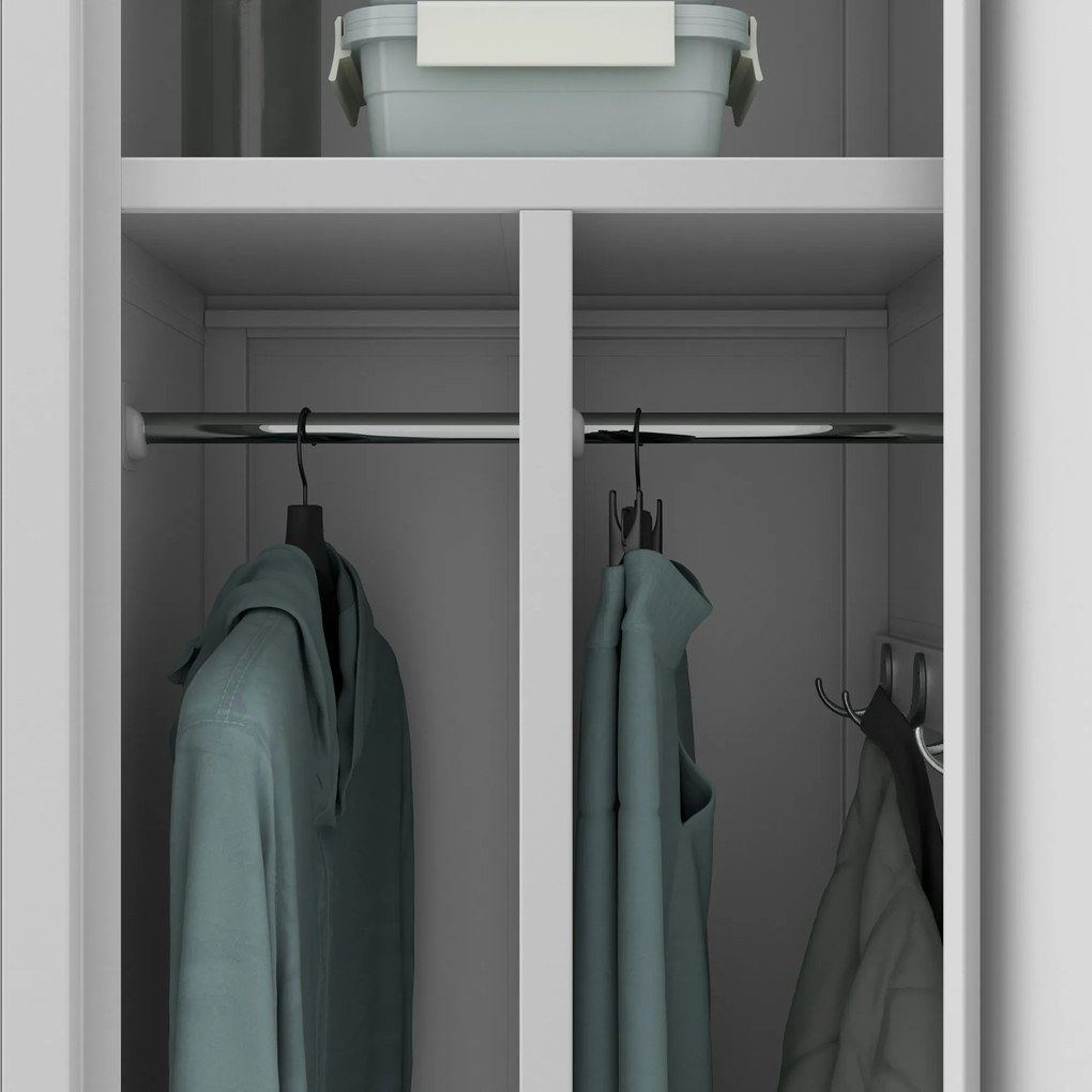 Pléh öltözőszekrény talpazaton, kétmodulos, polccal és köztes fallal KACPER, 800 x 1800 x 500 mm, szürke