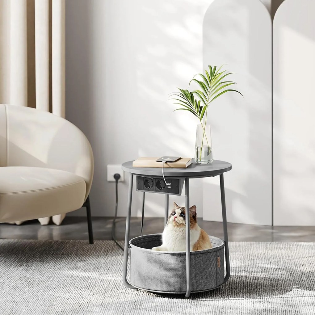 Kerek dohányzóasztal usb töltő porttal, kis asztal aljzattal, szürke-palaszürke