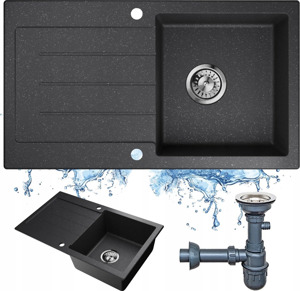 Fekete, gránitőrleményes mosogatótál, nagy, egy medencés mosogató szifon