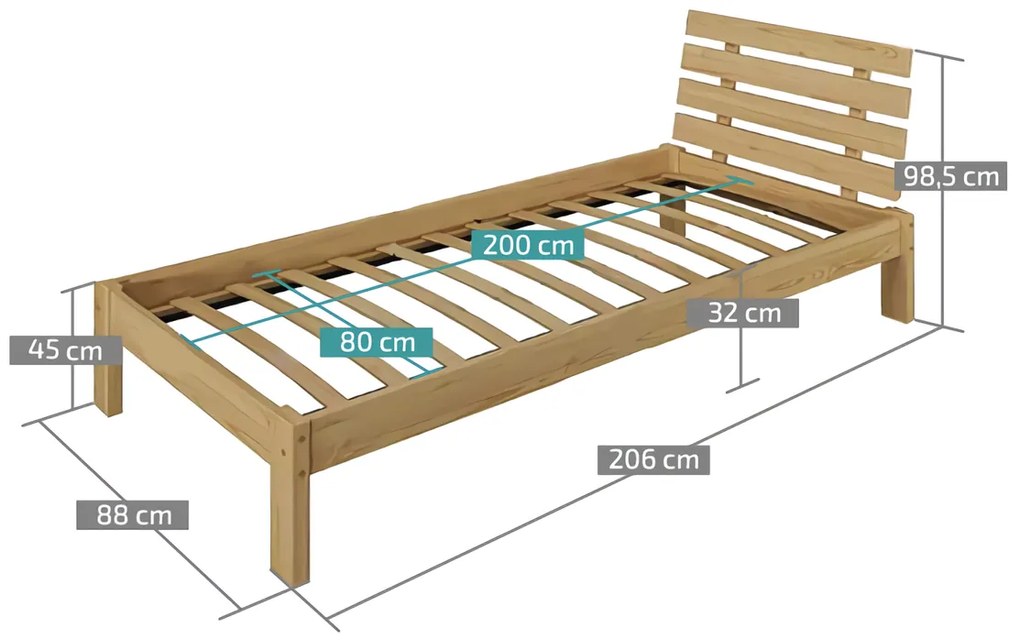 PARIS magasított ágy 80x200 cm, tölgyfa Ágyrács: Léces ágyrács, Matrac: Deluxe 10 cm matrac