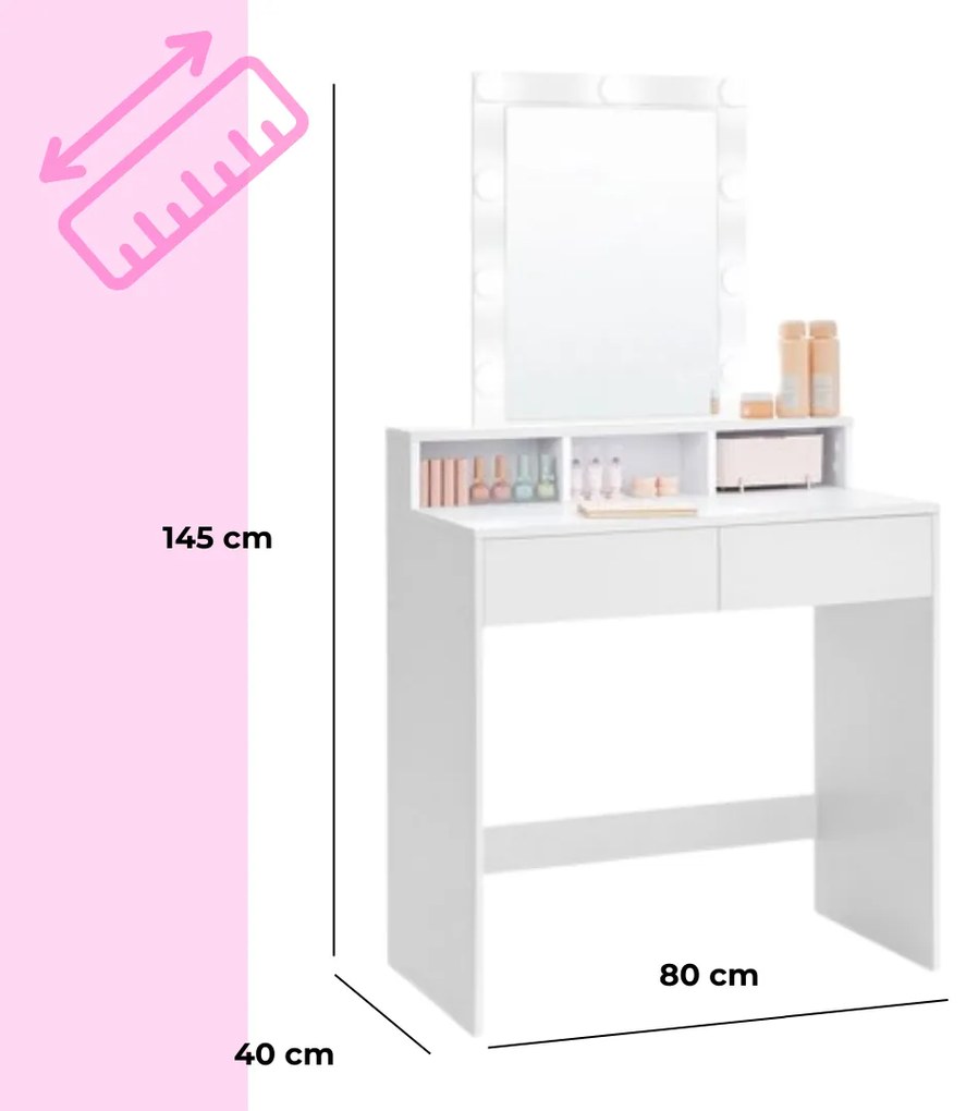VANESA fésülködőasztal világítással, 80x40x145cm, fehér Jurhan