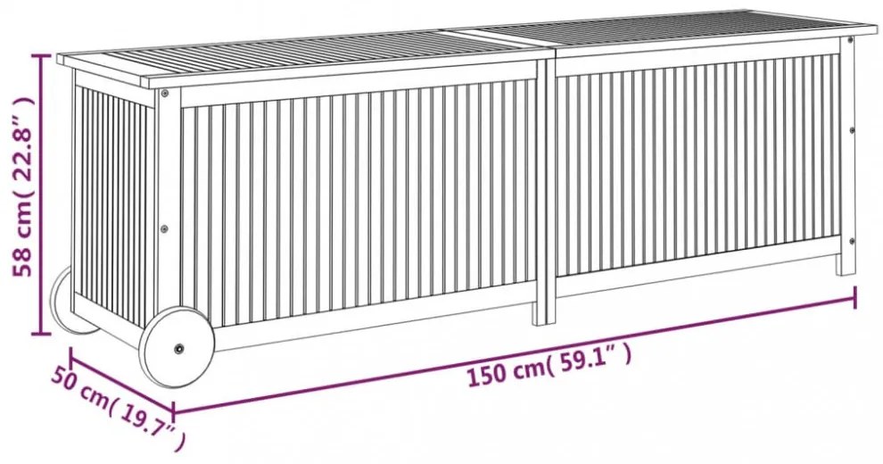 tömör akácfa kerti tárolóláda kerekekkel 150 x 50 x 58 cm
