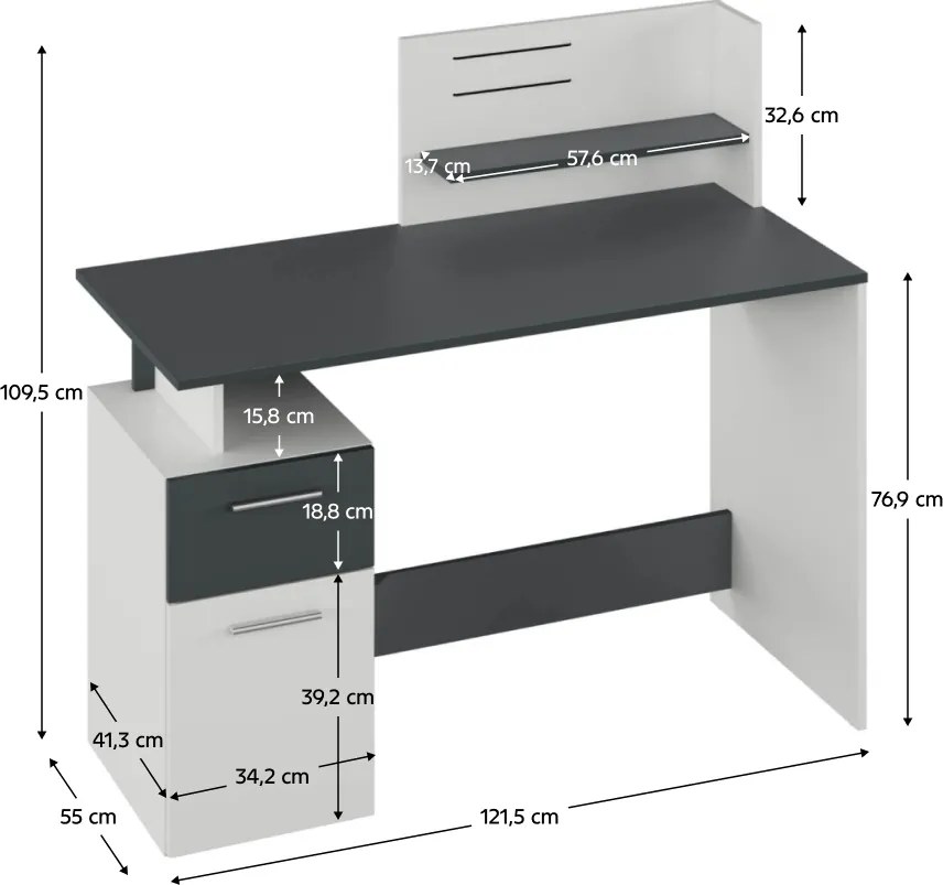 Számítógépasztal, fehér/grafit, PLATON NEW